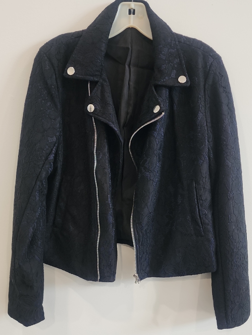 Heavy Lace-Textured Black Moto Jacket - Silvwr Accents